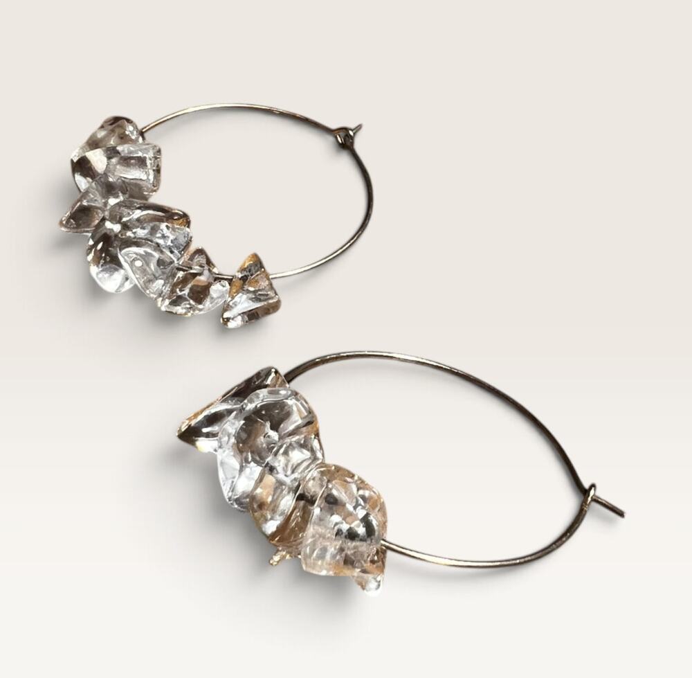 Silver-Tone Wire Hoop Earrings with Raw Crystal Quartz Chip Beads